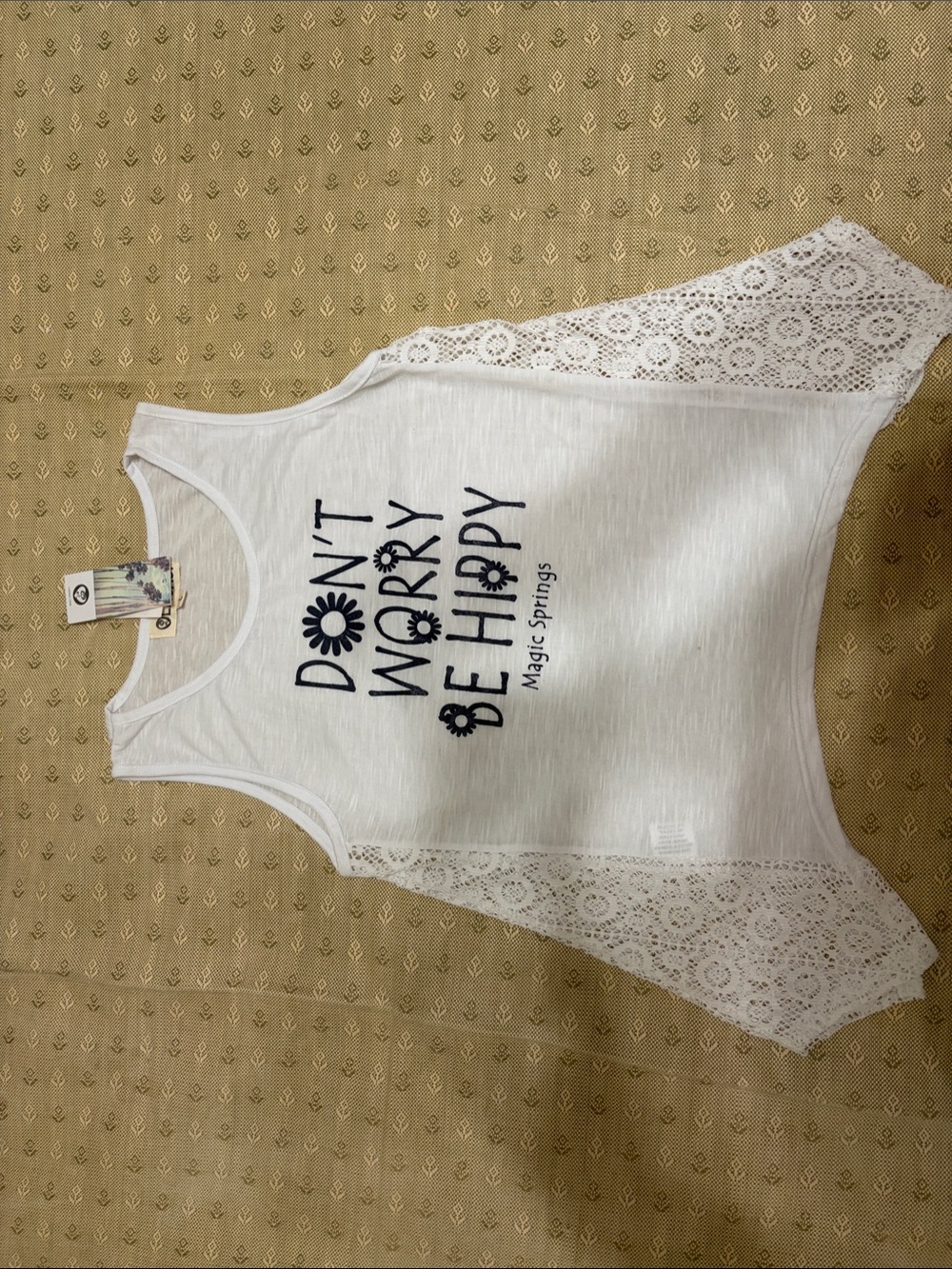 Women’s White Lace-Trim Graphic Tank - Don’t Worry Be Happy
